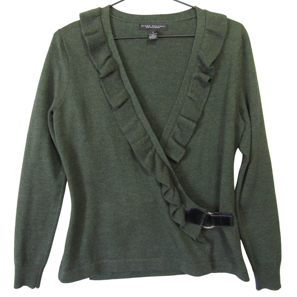 Elena Solano Merino Wool Wrap Cardigan Womens Small Green‎ Ruffle Buckle
